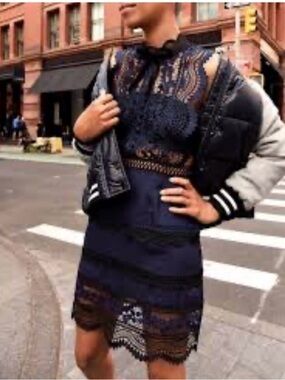 Self Portrait Bellis Lace Trim Mini Dress Black & Navy Size 8 NWT!